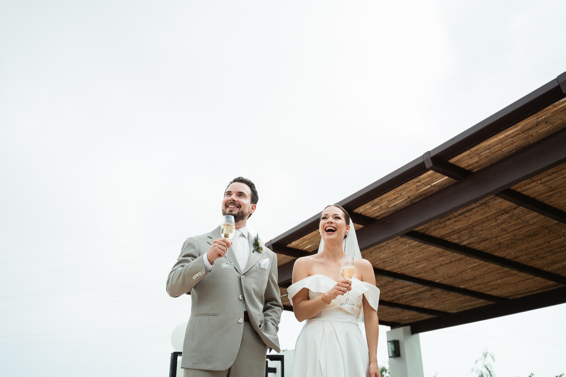 Miirka and Milla on the terrace of their private villa wedding venue overlooking the Mediterranean sea in Nerja
