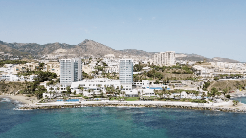 Aerial view of Estival Torrequebrada in Benalmádena set directly on the Mediterranean coastline
